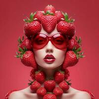 un niña con lentes cuyo cara es cubierto en fresas, ai generativo foto