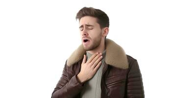 A young man suffering from an asthma attack, He holds his chest, on an isolated white background, AI Generative photo