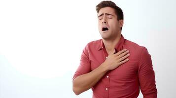 A young man suffering from an asthma attack, He holds his chest, on an isolated white background, AI Generative photo