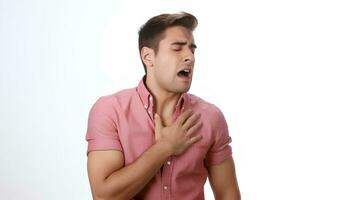 A young man suffering from an asthma attack, He holds his chest, on an isolated white background, AI Generative photo