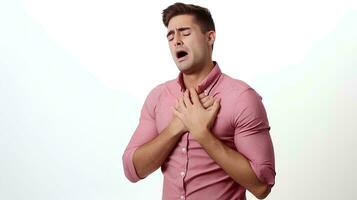 A young man suffering from an asthma attack, He holds his chest, on an isolated white background, AI Generative photo