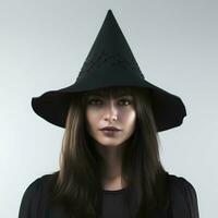un hermosa bruja vistiendo un cónico sombrero en un aislado fondo, ai generativo foto
