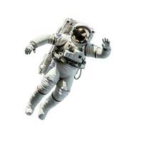 completamente vestido astronauta volador en cero gravedad, en un aislado blanco fondo, ai generativo foto