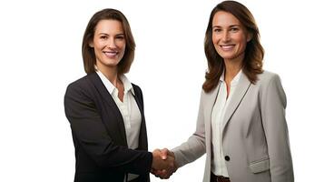 Middle aged business woman manager shaking hands with client on isolated white background, AI Generative photo