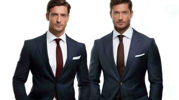 Two attractive and confident businessmen wearing suits on isolated white background, AI Generative photo