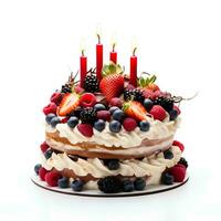 birthday cake with candles and berries on isolated white background, AI Generative photo