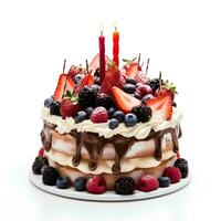 birthday cake with candles and berries on isolated white background, AI Generative photo