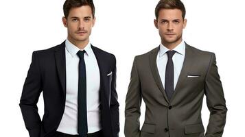 Two attractive and confident businessmen wearing suits on isolated white background, AI Generative photo