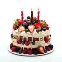 birthday cake with candles and berries on isolated white background, AI Generative photo