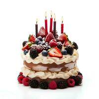 birthday cake with candles and berries on isolated white background, AI Generative photo