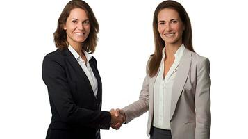 Middle aged business woman manager shaking hands with client on isolated white background, AI Generative photo