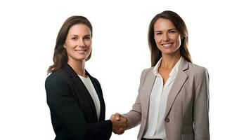 Middle aged business woman manager shaking hands with client on isolated white background, AI Generative photo