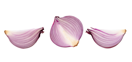 Set of fresh red onion half with slices isolated with clipping path in png file format