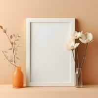 blank white frame mockup on beige background, AI Generative photo