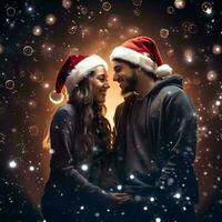 romantic young couple wearing Santa Claus hats, AI Generative photo