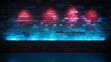 Modern futuristic neon lights on old brick wall background grunge texture, AI Generative photo