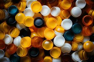 Plastic bottle caps, waste collected for recycling. Environmental protection concept. Generated by artificial intelligence photo