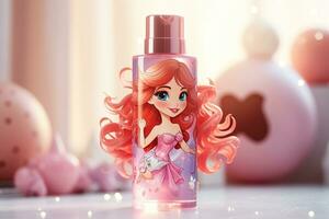 un botella de perfume con un hermosa modelo para pequeño muchachas en un borroso antecedentes. para niños productos cosméticos, perfume. generado por artificial inteligencia foto