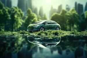 Eco-friendly car on a green island with a blurred green city in the background. Green energy. Save the environment. Generated by artificial intelligence photo