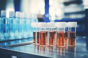 Various laboratory glassware with liquids for research in the laboratory. Science and medicine concept. Generated by artificial intelligence photo