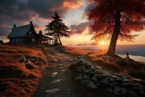 A village house in the mountains in the rays of sunset. Beautiful view of the sunset. Generated by artificial intelligence photo