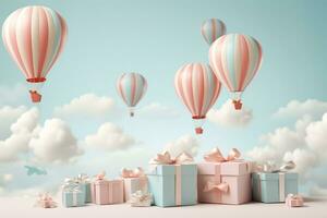 congratulatorio antecedentes con globos, regalos en contra el antecedentes de el cielo con nubes diseño de saludo fondo, tarjetas para cumpleaños, San Valentín día. generado por artificial inteligencia foto