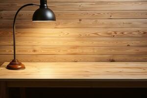 mesa lámpara en un de madera mesa. generado por artificial inteligencia foto