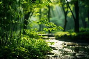 Green plant close-up near a stream against the backdrop of a blurred forest on a sunny day. Generated by artificial intelligence photo