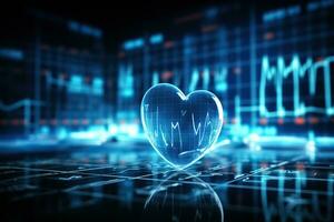 Neon heart on the background of a blurred screen with heart rate waves. Concept of medicine and health preservation. Generated by artificial intelligence photo