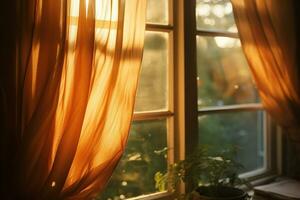 ver de un antiguo ventana con cortinas en el rayos de atardecer, un planta en el antepecho. hogar comodidad. generado por artificial inteligencia foto