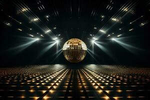 Golden disco ball in a dark empty room. Reflections of light on a disco ball. enerated by artificial intelligence photo