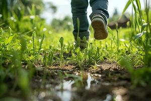 Children's feet in boots walk on green grass with in a field. Generated by artificial intelligence photo