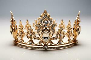 Golden crown with precious stones on a white background. Generated by artificial intelligence photo