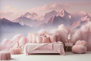 Bedroom in pink tones with a large bed against a wall with fluffy pink clouds and mountains. Home comfort. Generated by artificial intelligence photo