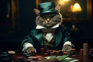 A gray cat in a suit and hat plays poker. Gambling concept. Generated by artificial intelligence photo