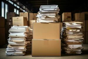 Large warehouse with piles of cardboard boxes and papers. Waste paper collection, garbage recycling concept. Generated by artificial intelligence photo