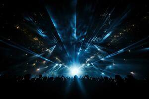 rock concierto, siluetas de personas en el brillante rayos de focos generado por artificial inteligencia foto