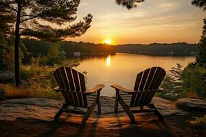 Two chairs for relaxing on the bank of a calm river in the forest in the rays of sunset and dawn. Camping, recreation. Generated by artificial intelligence photo