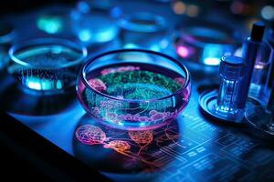 Glowing microorganisms in a test tube. Biological research concept. Generated by artificial intelligence photo