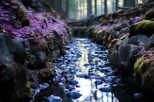 Stream in the forest with stones, moss and lilac flowers. Generated by artificial intelligence photo