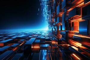 Abstract background image with cubes in blue and orange tones in space. Generated by artificial intelligence photo
