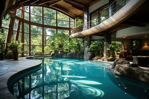 Spa area with a huge swimming pool in the hotel. Large panoramic windows. Rest, relaxation. enerated by artificial intelligence photo