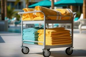 Hotel maid trolley, trolley with clean towels. Room cleaning concept. enerated by artificial intelligence photo