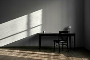 Black desk with chair in an empty room. Beautiful shadow on the wall. Remote work concept. Generated by artificial intelligence photo