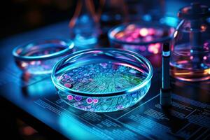Glowing microorganisms in a test tube. Biological research concept. Generated by artificial intelligence photo