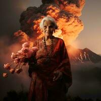 un abuela en un kebaya toma un foto con un en erupción volcán, ai generativo