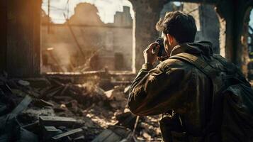 a soldier is taking a picture of a destroyed building, AI Generative photo