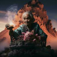 a grandmother in a kebaya takes a photo with an erupting volcano, AI Generative