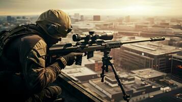 a sniper is aiming at a city, AI Generative photo