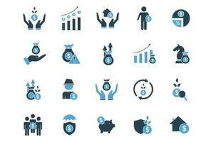 investment icon set. icon related to investments and financial concepts. profit, asset, dividend, inflation, growth, strategy, analyst, etc. solid icon style. Simple vector design editable